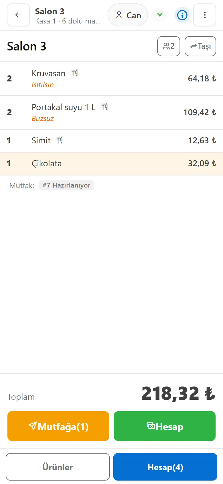 Uygun Muhasebe garson telefonunda masa siparişi