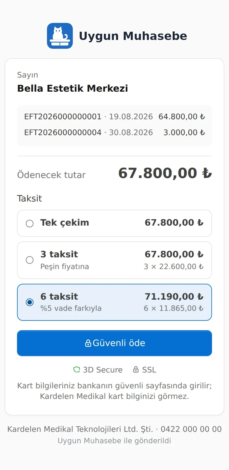 Müşterinin gördüğü ödeme sayfası