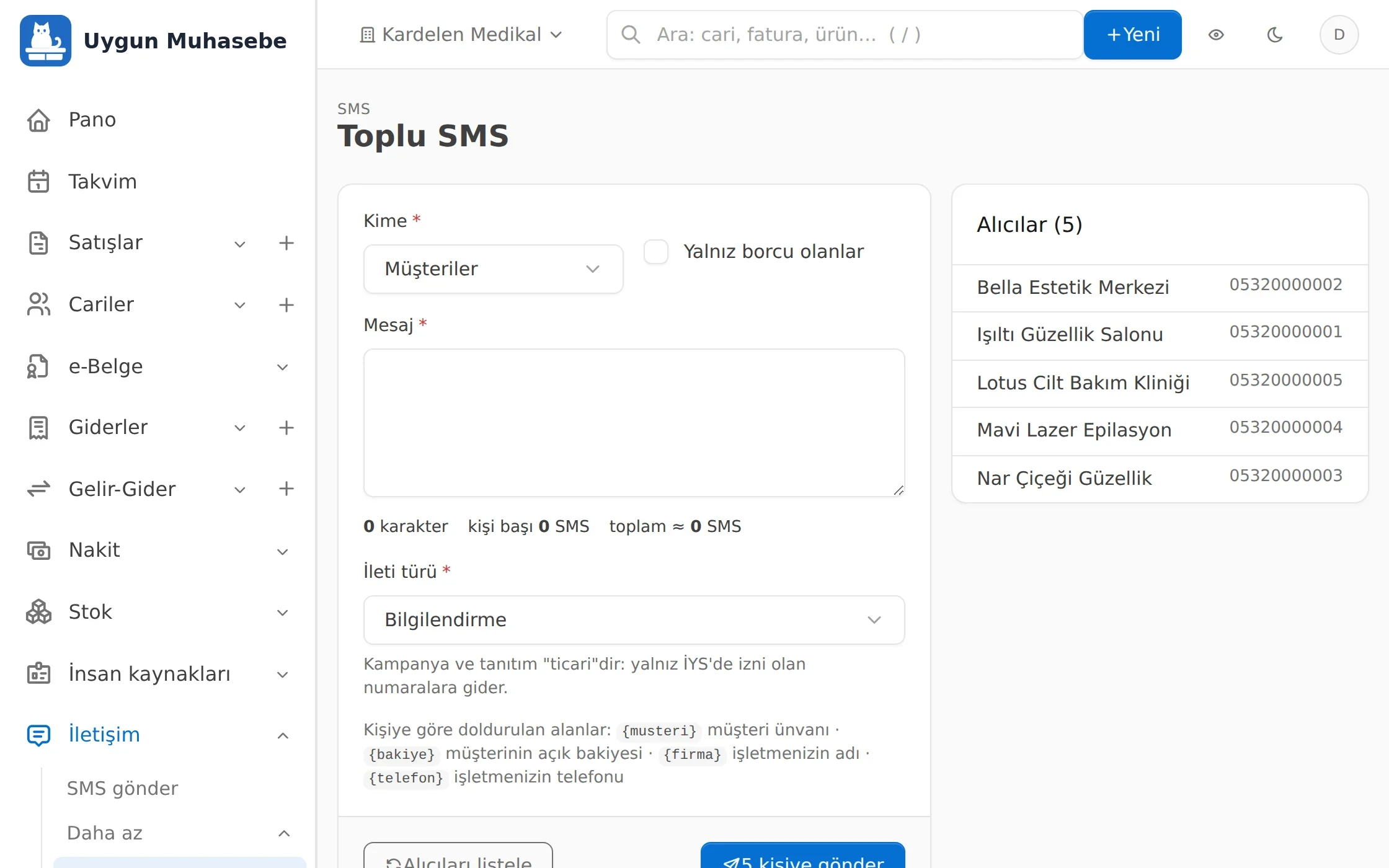 Uygun Muhasebe Toplu SMS ekranı